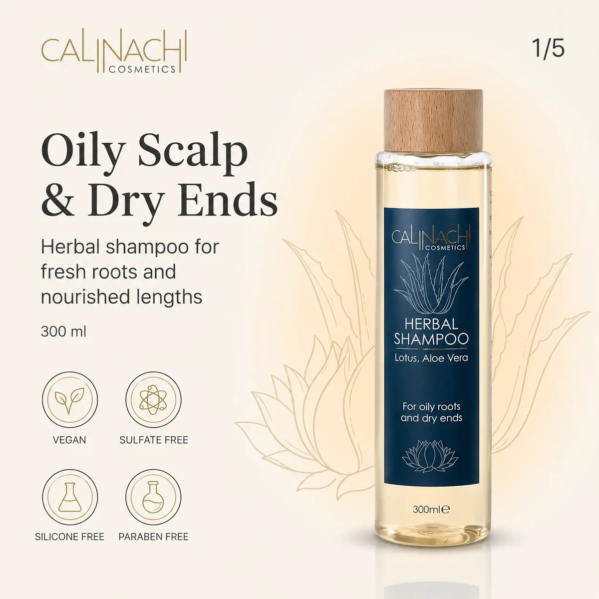 Oily Scalp and Dry Ends Herbal Shampoo, Sulfate free, 300ml. haircare CALINACHI Cosmetics