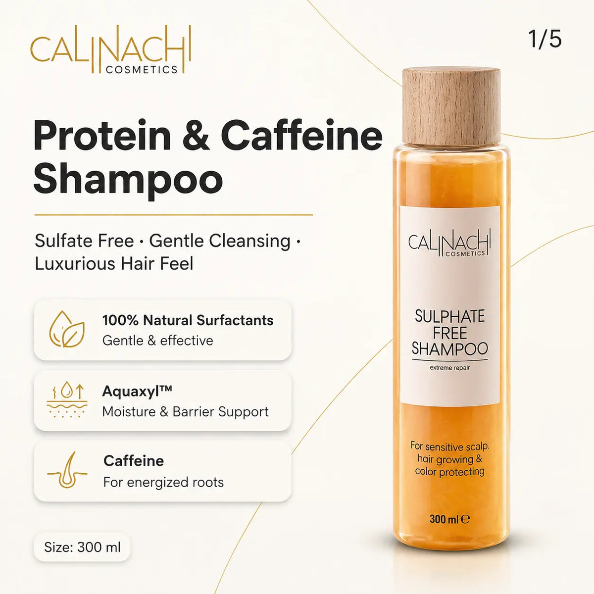 Protein &amp; Caffeine Scalp and Hair Shampoo, Sulfate-free, 300ml. haircare CALINACHI Cosmetics